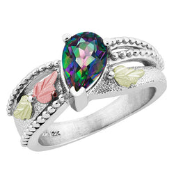 Pear Mystic Fire Topaz Granulated Bead Ring, Sterling Silver, 12k Green and Rose Gold Black Hills Gold Motif, Size 9.75