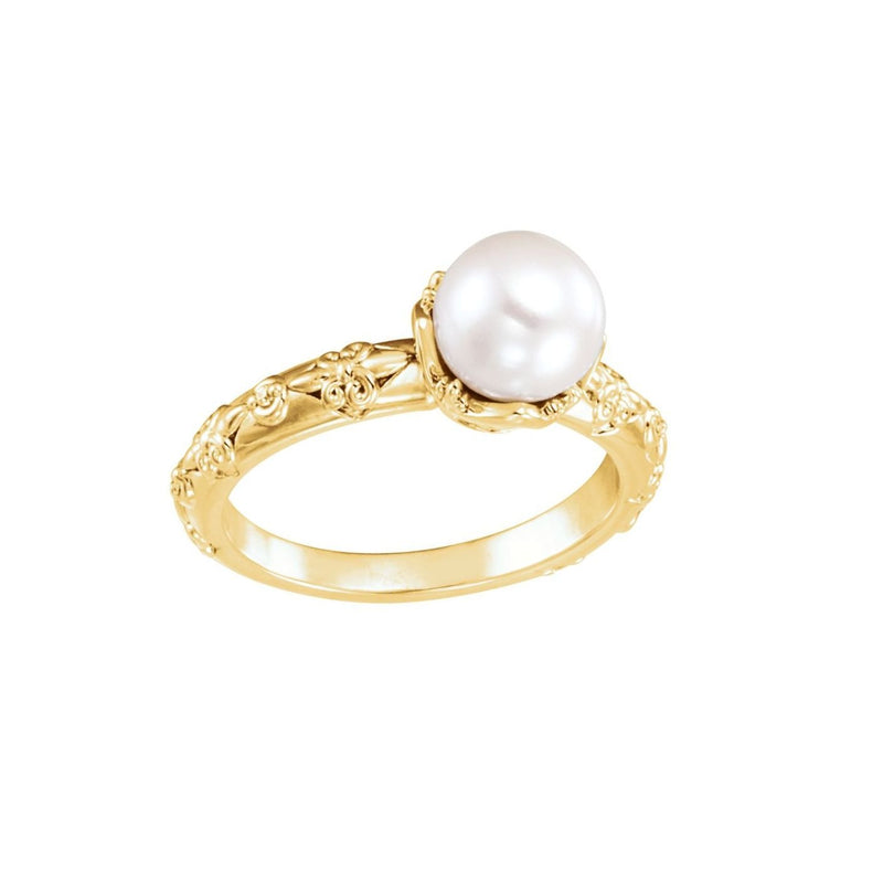 White Freshwater Cultured Pearl, Diamond Vintage Ring, 14k Yellow Gold (7-7.5 mm)(.02 Ctw, G-H Color, I1 Clarity)