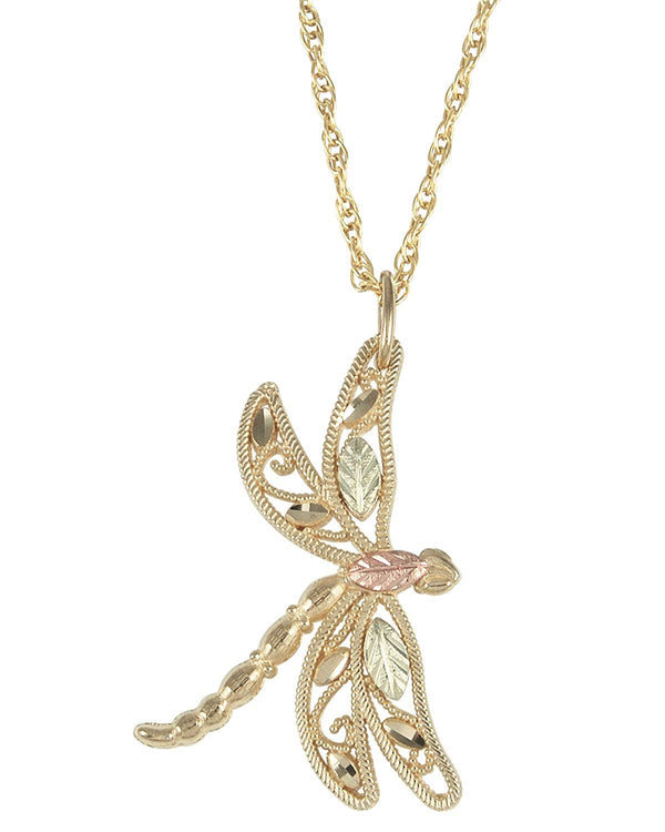 Filigree Dragonfly Pendant Necklace, 10k Yellow Gold, 12k Green Gold, 12k Rose Gold Black Hills Gold