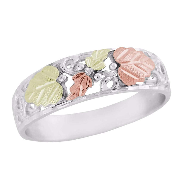 Diamond-Cut, Frosty Leaf Wedding Ring, Sterling Silver, 12k Green and Rose Gold Black Hills Gold Motif