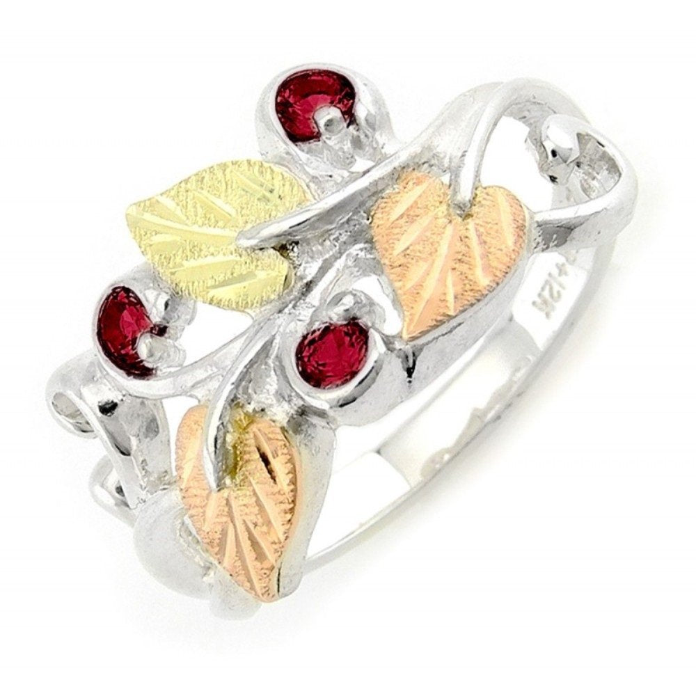 Lab Created Ruby July Birthstone Ring, Sterling Silver, 12k Green and Rose Gold Black Hills Gold Motif, Size 10