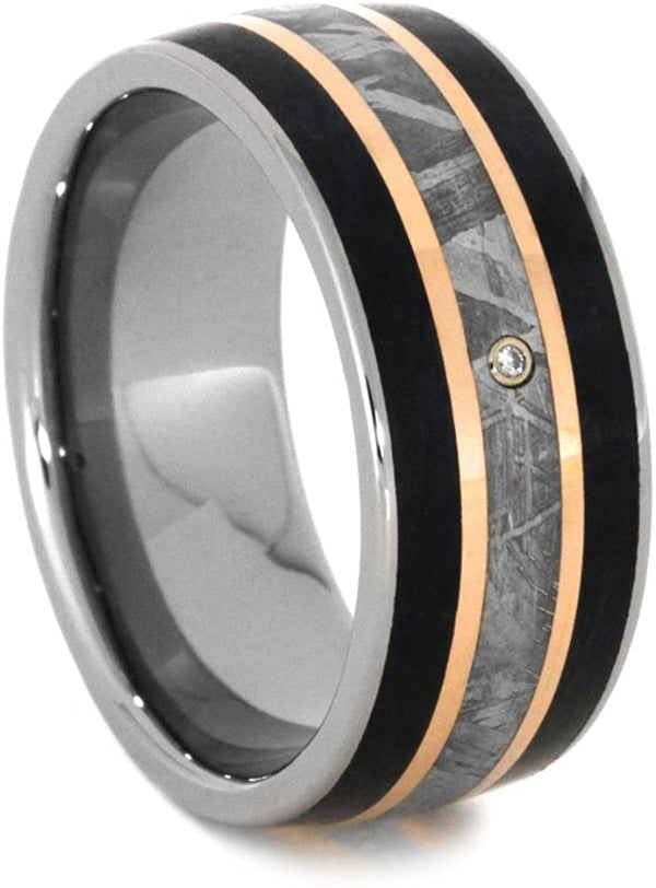 Diamond, Gibeon Meteorite, 14k Rose Gold, Petrified Wood 9mm Comfort-Fit Titanium Wedding Band , Size 9