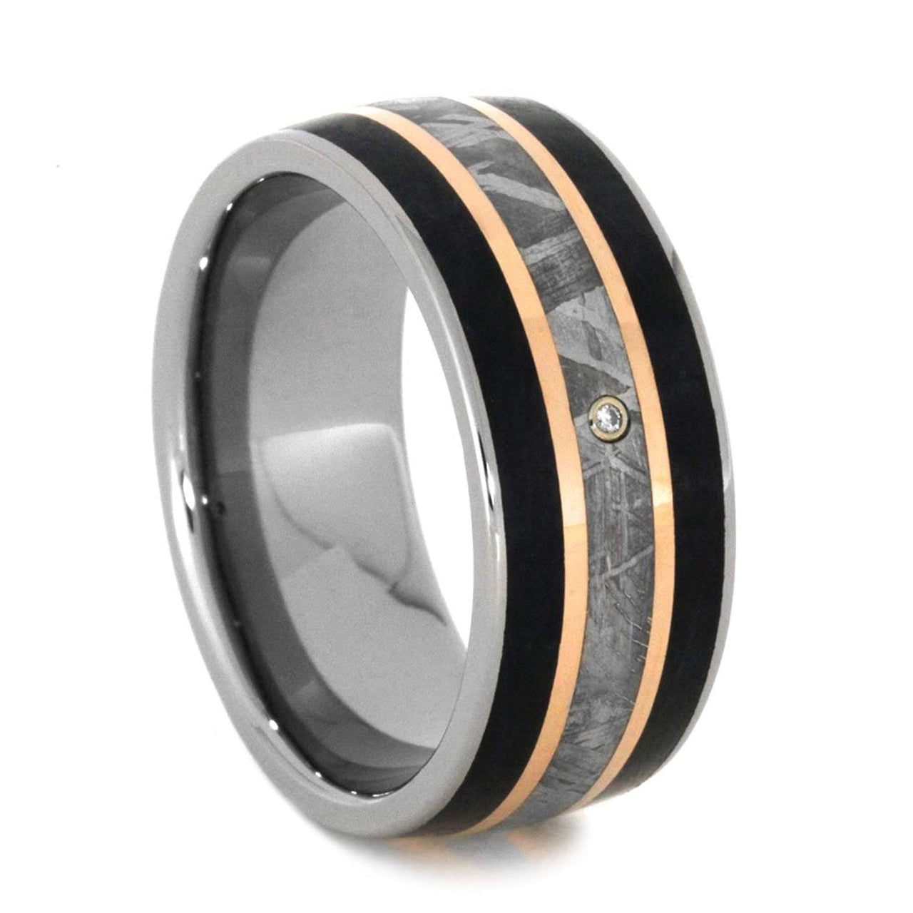 Diamond, Gibeon Meteorite, 14k Rose Gold, Petrified Wood 9mm Comfort-Fit Titanium Wedding Band