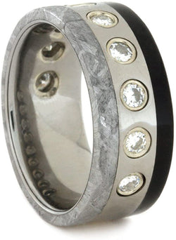 Forever One Moissanite, Gibeon Meteorite, African Blackwood 8mm Comfort-Fit Titanium Band, Size 7.5