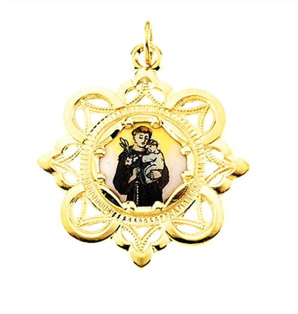 10k Yellow Gold St. Anthony Framed Enamel Pendant (26 MM)