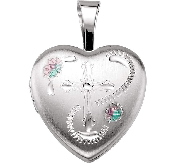 Satin-Brush Heart with Cross and Enameled Flowers Sterling Silver Locket (12.50X12.00 MM)