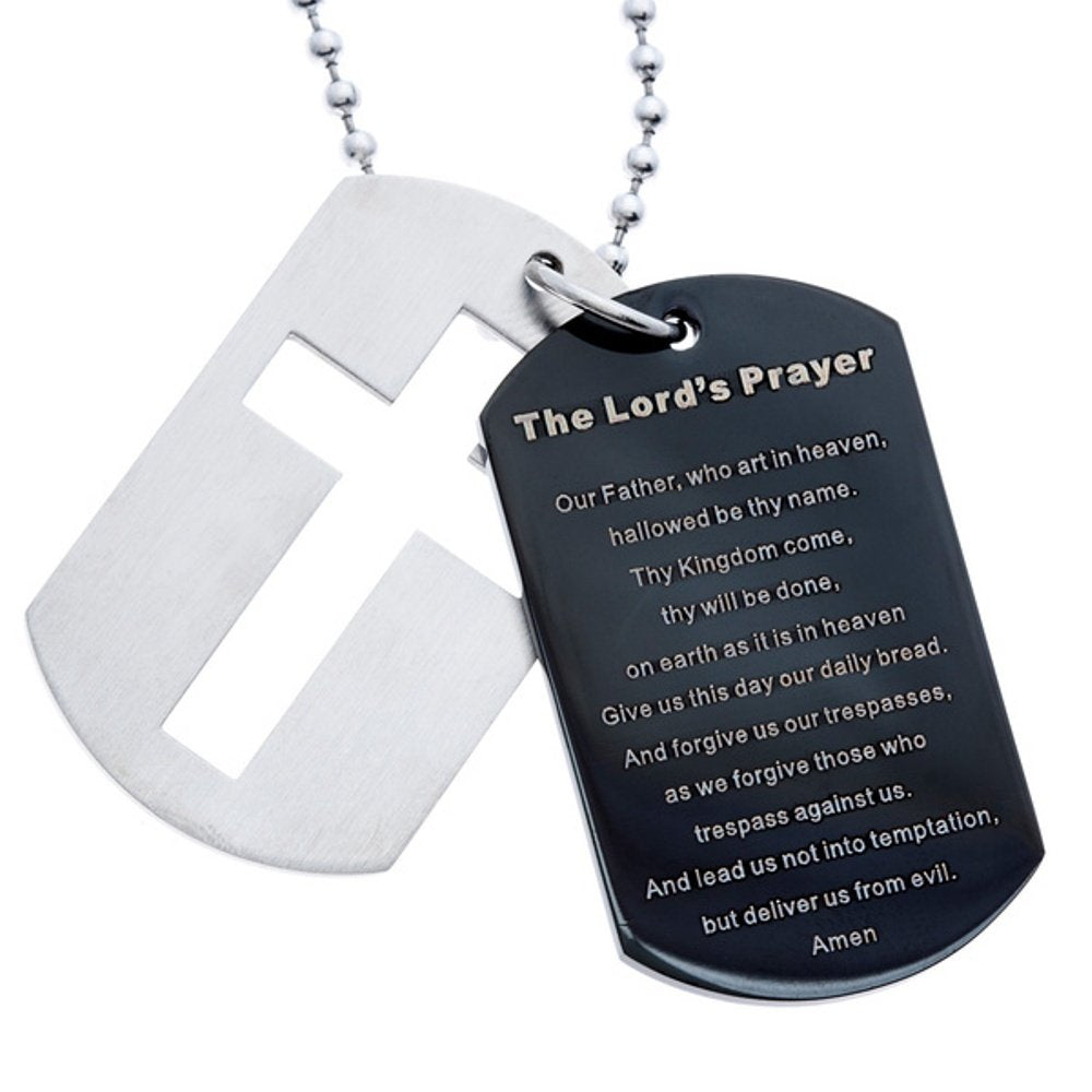 Open Cross with Lord?s Prayer Black Ion Plated Pendant Necklace, Stainless Steel, 24"