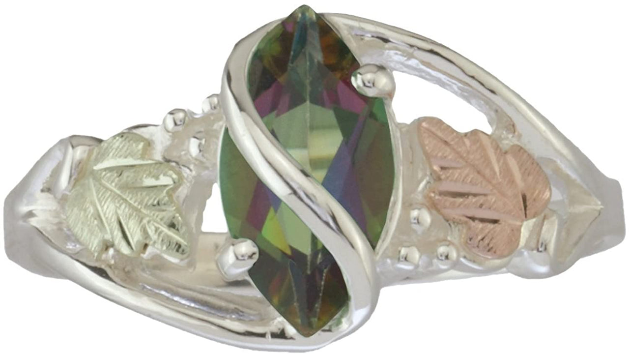 Mystic Fire Topaz Marquise Wrap Ring, Sterling Silver, 12k Green and Rose Gold Black Hills Gold Motif, Size 9.25