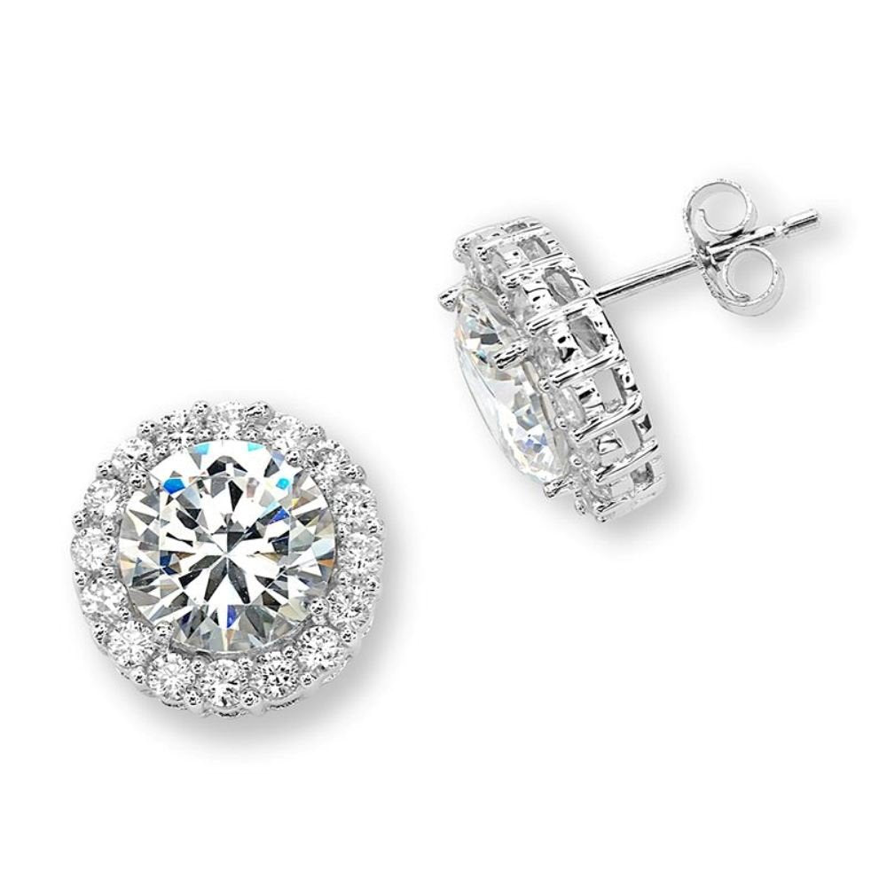 Round CZ Halo Rhodium Plated Sterling Silver Stud Earrings