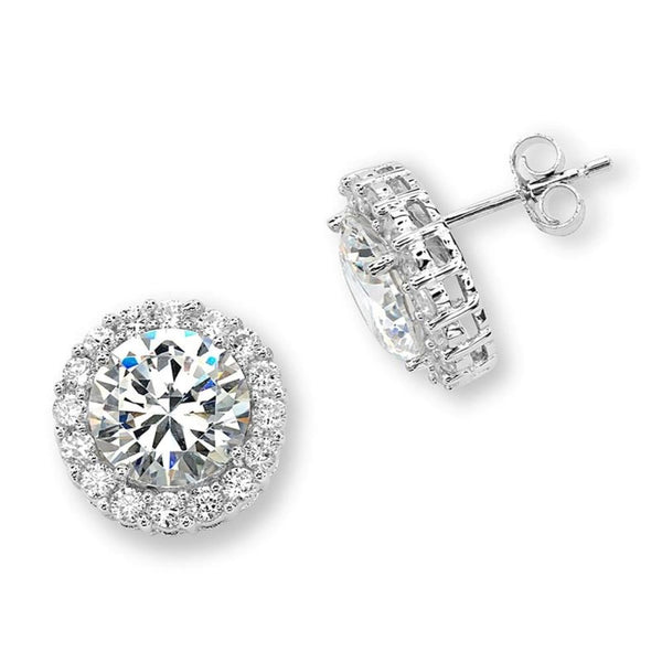 Round CZ Halo Rhodium Plated Sterling Silver Stud Earrings