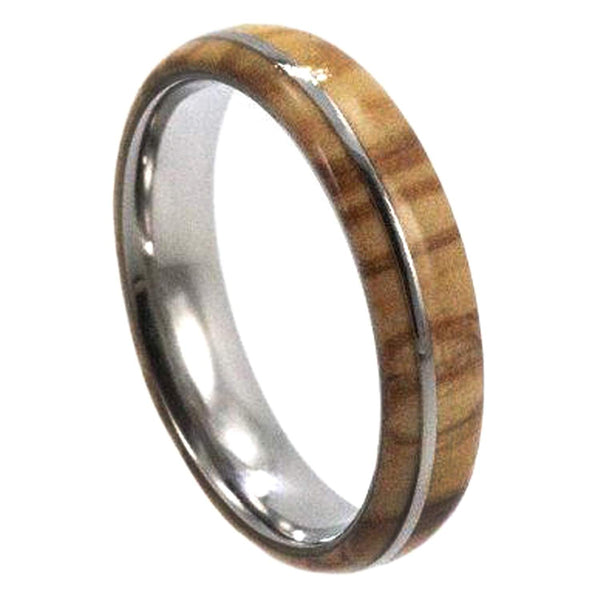 Delicate Olive Wood with Titanium Pinstripe 5mm Comfort Fit Titanium Wedding Band, Size 10