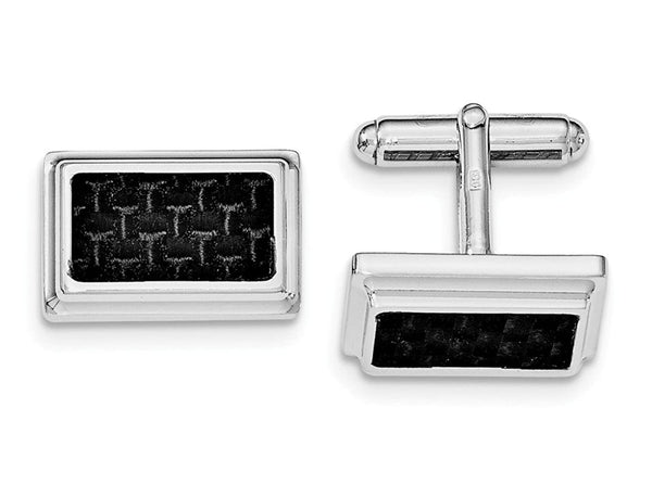 Rhodium-Plated Sterling Silver Cuff Links with Carbon Fiber Rectangle Cuff Links, 14X20MM