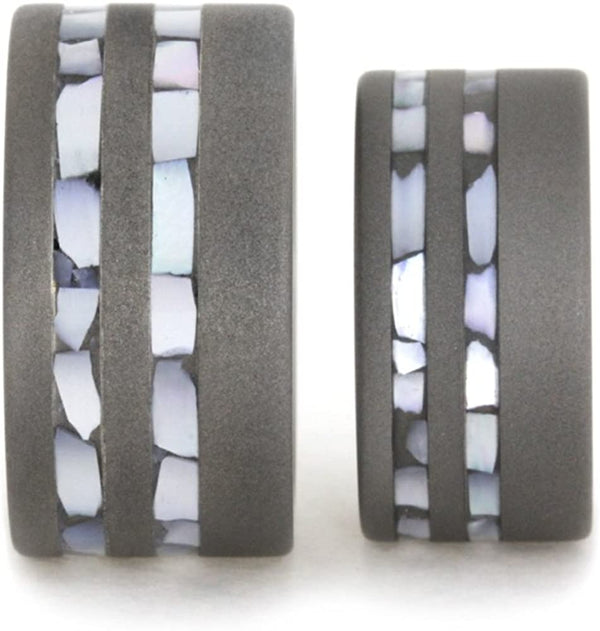 Mother of Pearl Inlay, Sandblasted Comfort-Fit Titanium His and Hers Wedding Band Set, M13-F9