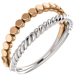 Rope Trim and Flat Granulated Bead Twin Stacking Ring, Rhodium-Plated 14k White and Rose Gold, Size 8.75