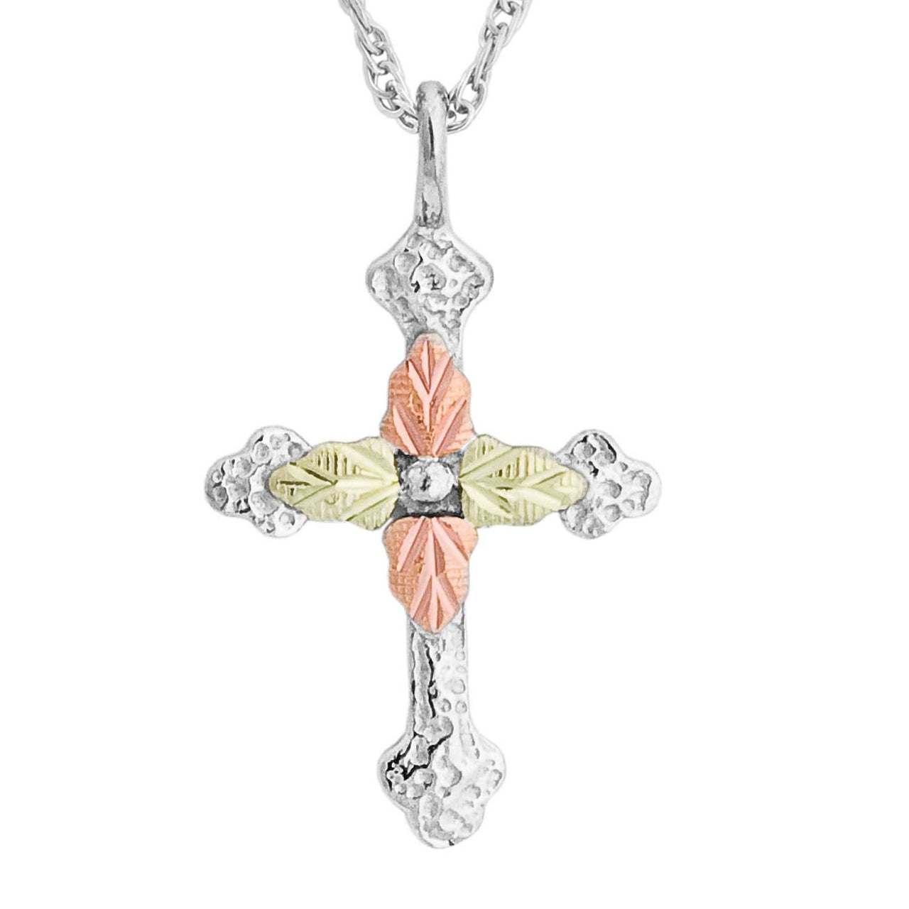 Latin Cross Pendant Necklace, Sterling Silver, 12k Green and Rose Gold Black Hills Gold Motif, 18"