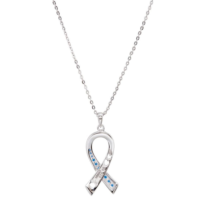 Blue CZ Ribbon 'Protect Children from Child Abuse' Rhodium Plate Sterling Silver Necklace, 18"