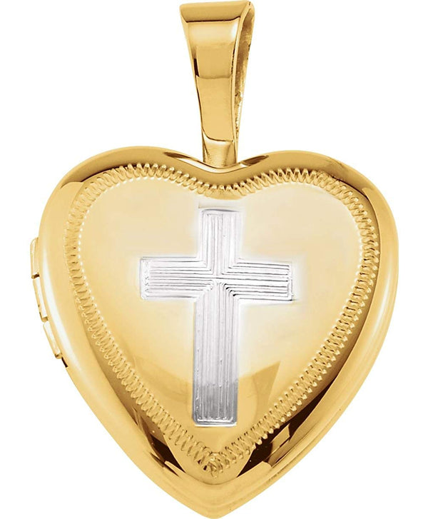 Milgrain Edge Heart with Cross 14k Yellow Gold-Plated Sterling Silver Locket (12.50X12.00 MM)