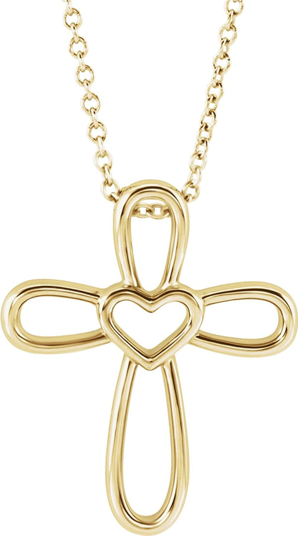 Open Heart Cross 14k Yellow Gold Pendent Necklace 16" and 18" (20.35X4.25 MM)