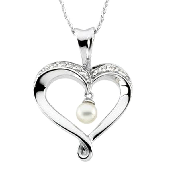 White Freshwater Cultured Pearl and CZs 'Heart and Soul' Rhodium Plate Sterling Silver Necklace 5MM, 18"