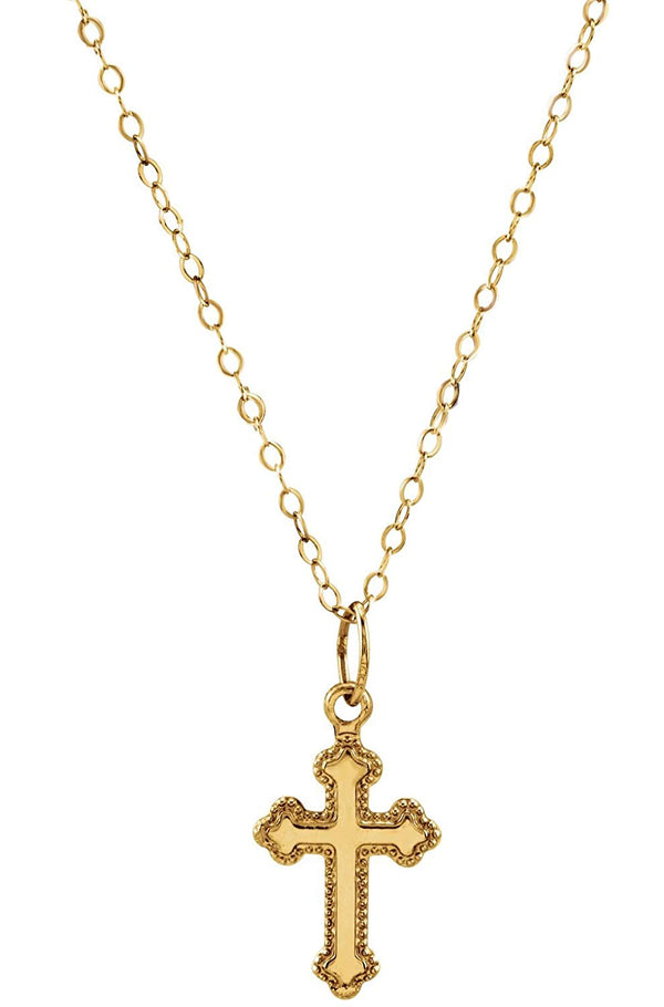 Boys and Girls 14k Yellow Gold Milgrain Fleur de Lis Cross Necklace, 16"