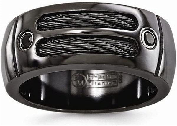 Edward Mirell Black Titanium Cable and Black Spinel Sterling Silver Bezel 9.5mm Wedding Band, Size 9.5