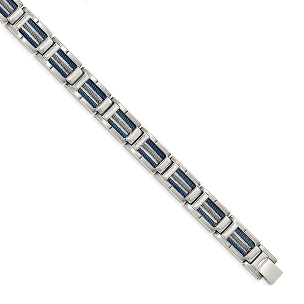 Men's Polished Stainless Steel with Blue IP-Plated Cable Bracelet, 8.75"