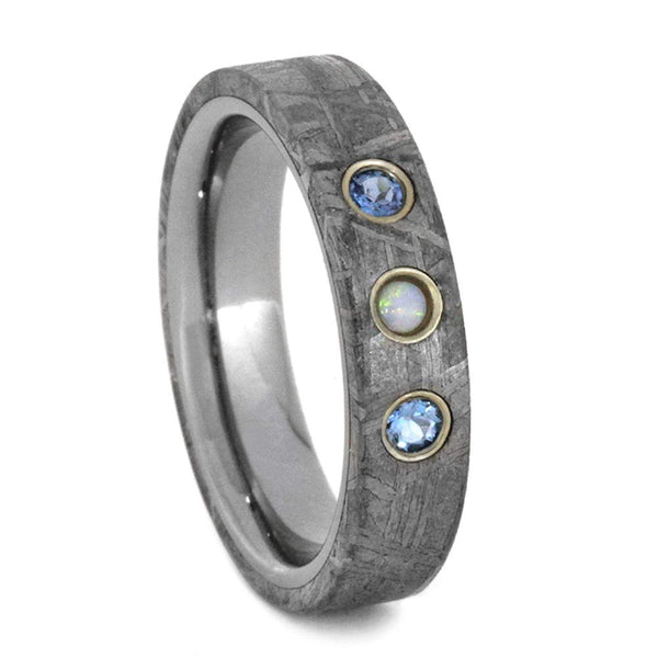 Aquamarine, White Opal, Gibeon Meteorite 4mm Comfort-Fit Titanium Ring