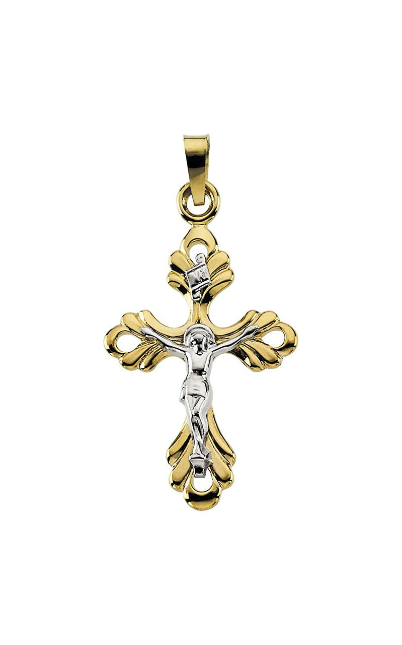 14k Yellow and White Gold Fleur de Lis Crucifix Pendant