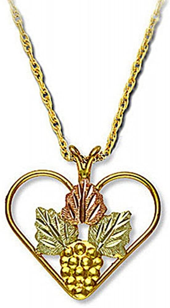 Grape Rosette with Heart Pendant Necklace, 10k Yellow Gold, 12k Green and Rose Gold Black Hills Gold Motif, 18"