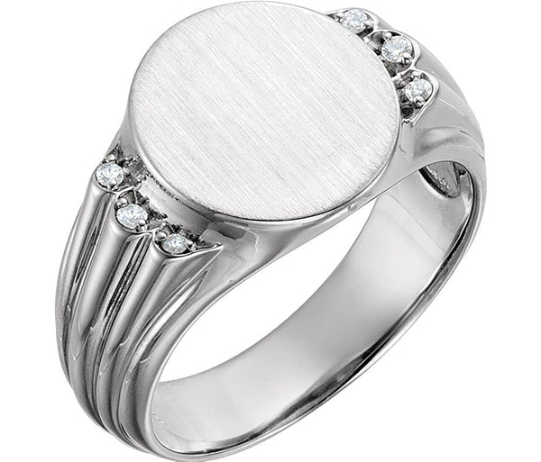 Men's Diamond Round Signet Ring, Rhodium-Plated 14k White Gold (.07 Ctw, G-H Color, I1 Clarity)