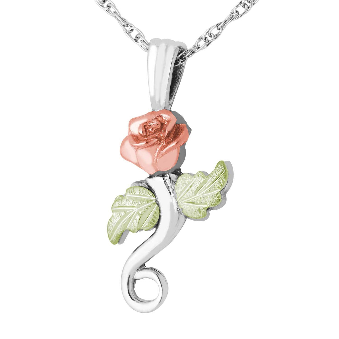 Ave 369 Beautiful 3D Rose Pendant Necklace, Sterling Silver, 12k Green and Rose Gold Black Hills Gold Motif, 18"