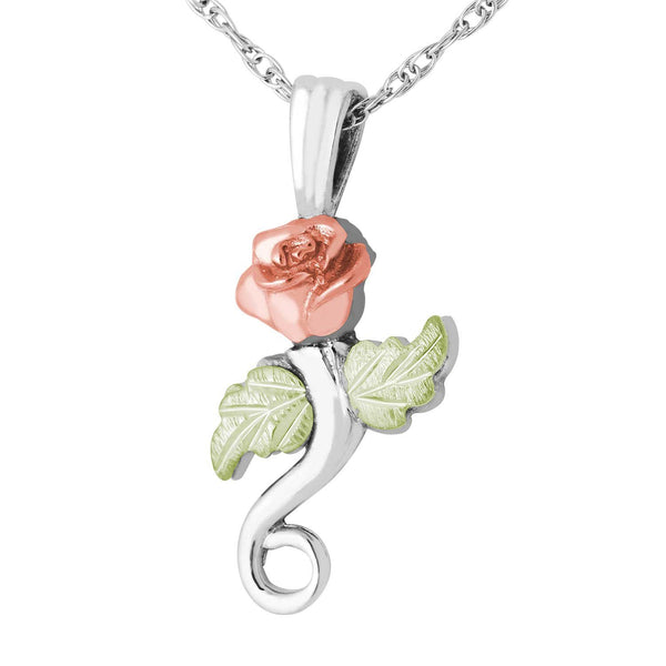 Ave 369 Beautiful 3D Rose Pendant Necklace, Sterling Silver, 12k Green and Rose Gold Black Hills Gold Motif, 18"