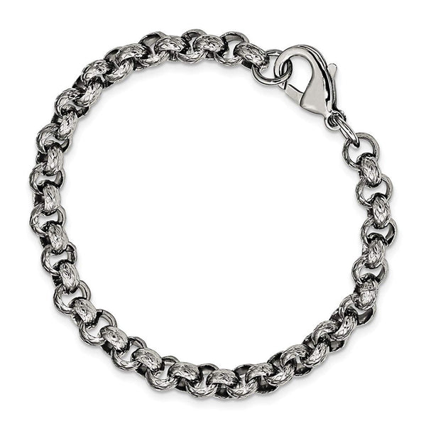 Men's Polished Stainless Steel 7mm Textured Rolo Link Bracelet, 8.25"