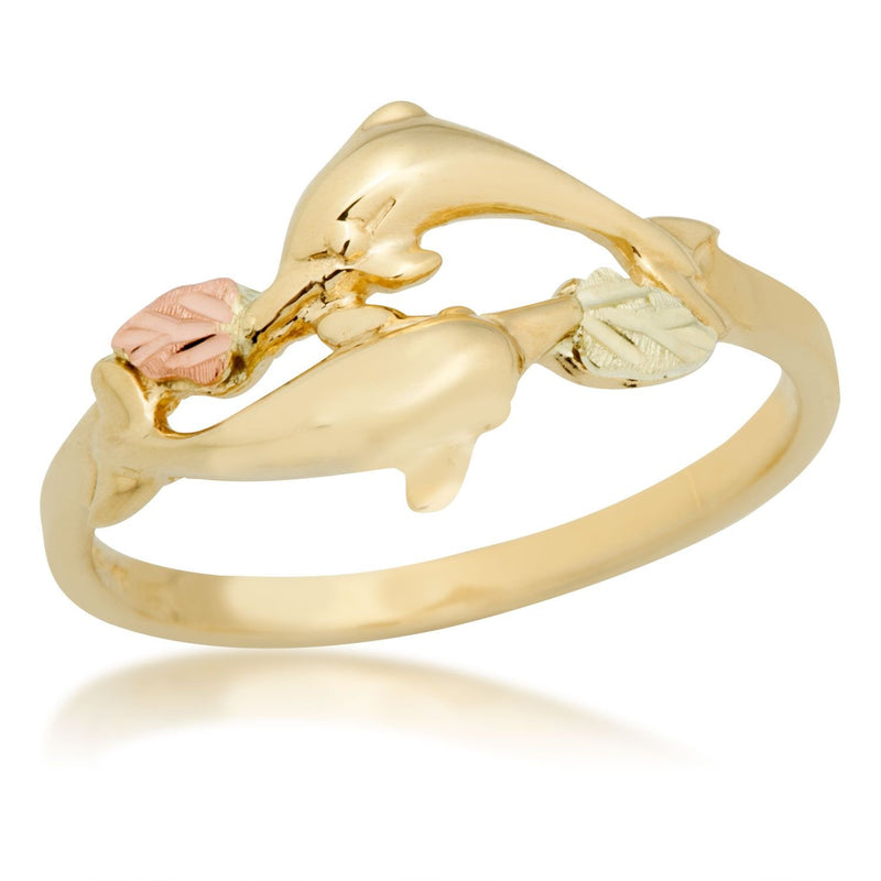 Slim Profile Dolphin Ring, 10k Yellow Gold, 12k Green and Rose Gold Black Hills Gold Motif