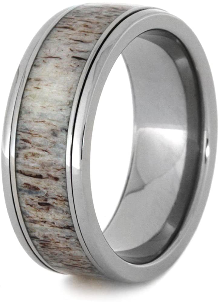 Deer Antler Spinner Ring, 8mm Comfort-Fit Titanium Ring, Size 14.5