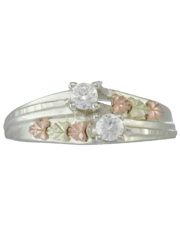 2-Stone CZ Cathedal Ring, Sterling Silver, 12k Green and Rose Gold Black Hills Gold Motif