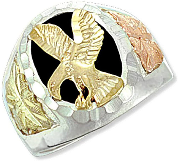 Men's 10k Yellow Gold Eagle and Onyx Ring, Sterling Silver, 12k Green and Rose Gold Black Hills Gold Motif, Size 11.5