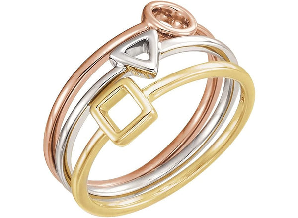 Three Geometric 4.5mm Stackable Rings Set, Rhodium-Plated 14k White Gold, 14k Yellow Gold and 14k Rose Gold, Size 7