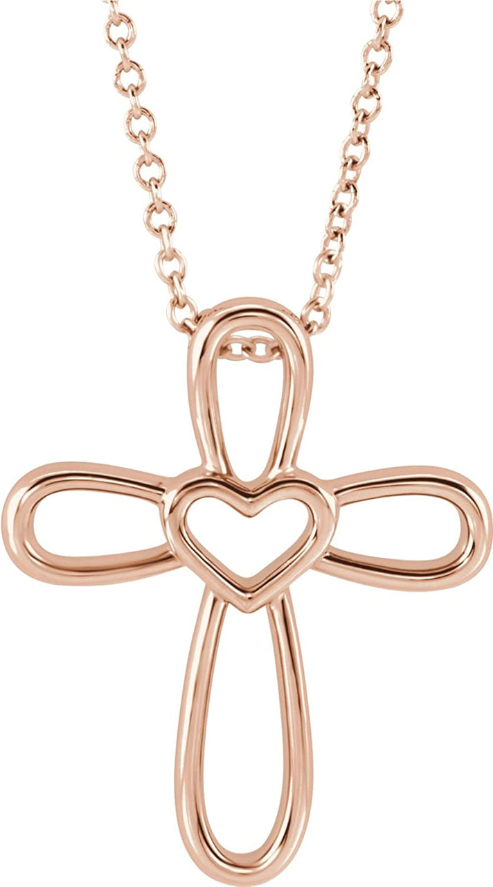 Open Heart Cross 14k Rose Gold Pendent Necklace 16" and 18" (20.35X4.25 MM)