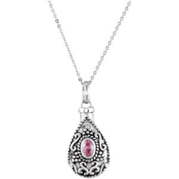 Pink CZ Teardrop Ash Holder Necklace, Rhodium Plate Sterling Silver, 18"