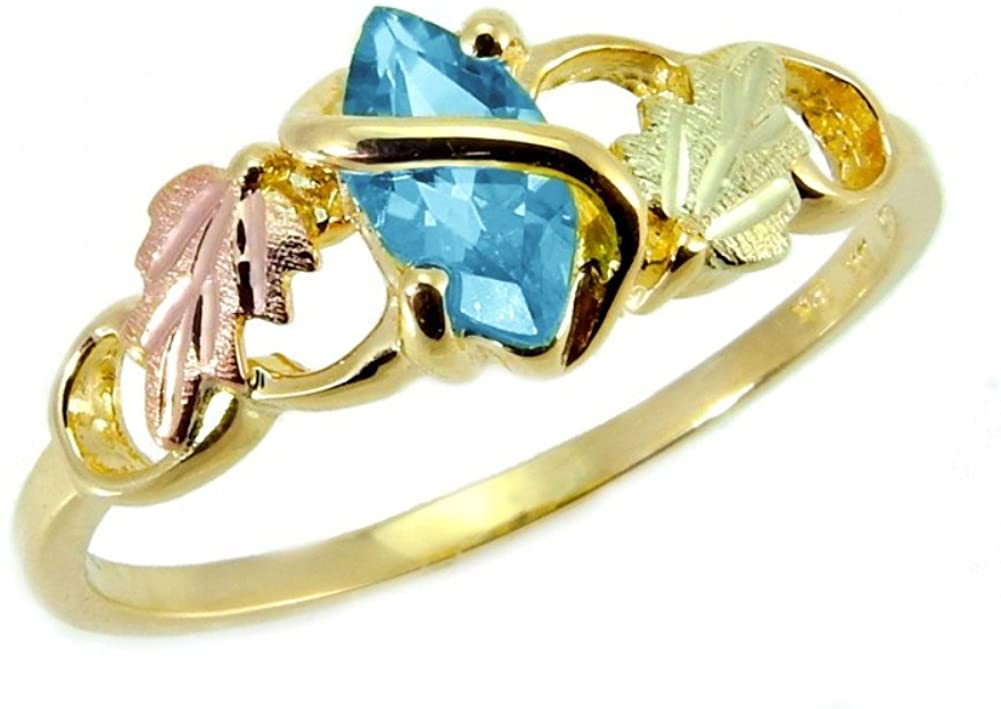 Ave 369 Blue Topaz Marquise Wrap Ring, 10k Yellow Gold, 12k Pink and Green Gold Black Hills Gold Motif