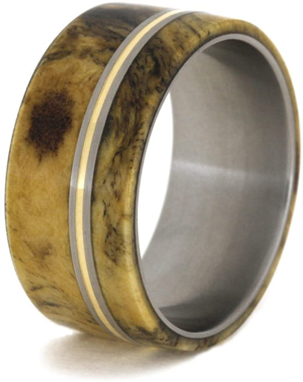 Buckeye Burl Wood, Bronze Pinstripe 10mm Comfort-Fit Matte Titanium Ring, Size 14.5