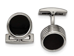 Stainless Steel Black IP- Plated Black Grooved Round Cuff Links