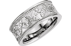 Leaf Design 8.5mm Semi-Polished 14k White Gold Band