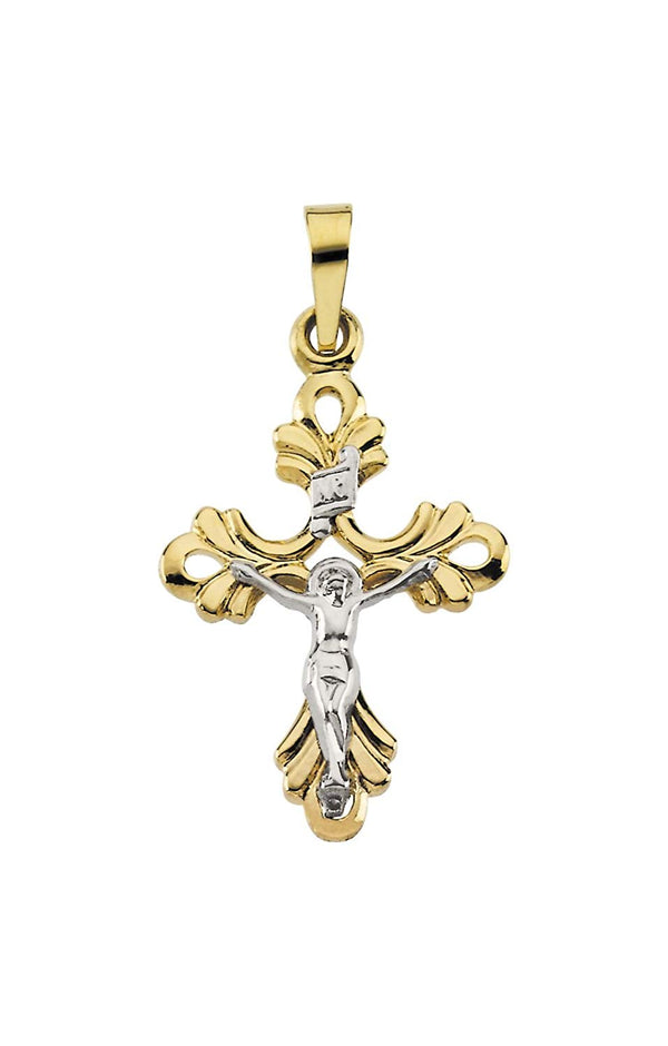 14k Yellow and White Gold Fleur de Lis Crucifix Pendant