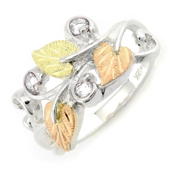 Lab Created White Spinel April Birthstone Ring, Sterling Silver, 12k Green and Rose Gold Black Hills Gold Motif, Size 10