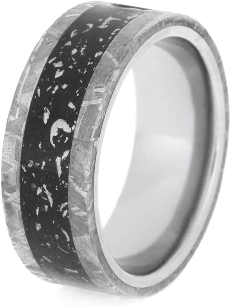 Cabochon Opal, Black Stardust Inlay, Gibeon Meteorite 8.5mm Comfort-Fit Titanium Wedding Band, Size 15.5