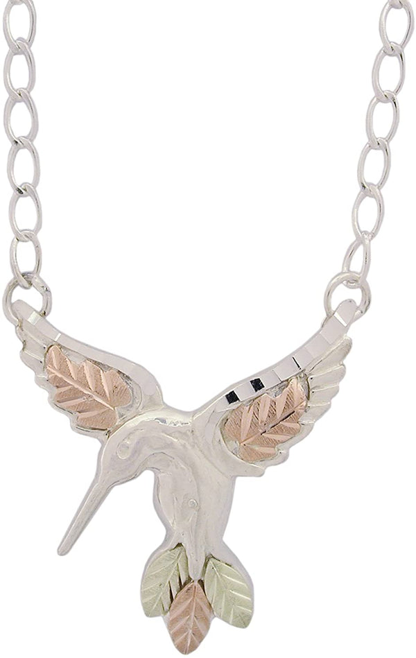 Diamond-Cut Hummingbird Necklace, Sterling Silver, 12k Green Gold, 12k Rose Gold Black Hills Gold, 18"
