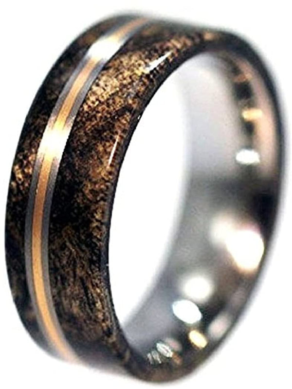 Buckeye Burl Wood, Bronze Pinstripes 7.5mm Comfort Fit Matte Titanium Wedding Band, Size 11.75