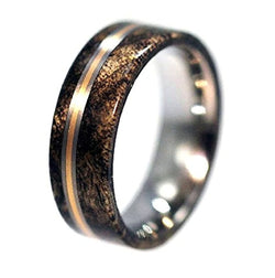 Buckeye Burl Wood, Bronze Pinstripes 7.5mm Comfort Fit Matte Titanium Wedding Band